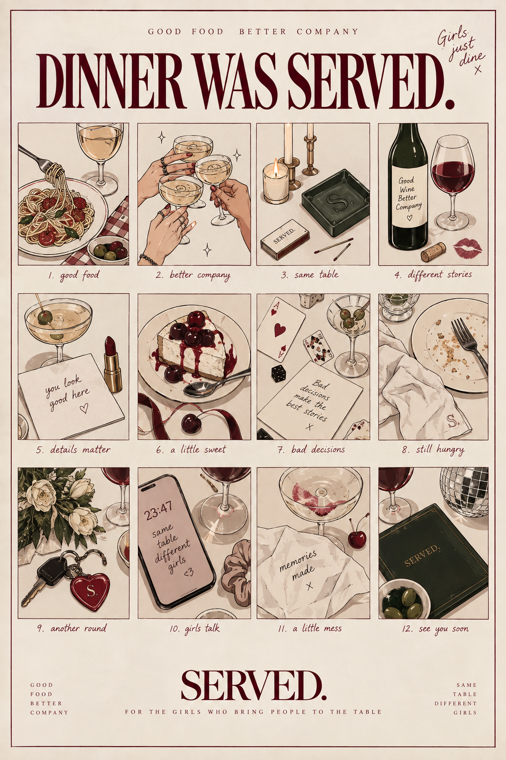 Illustratieve SERVED. poster ‘Het Diner is Geserveerd’ in Burgundy en crème