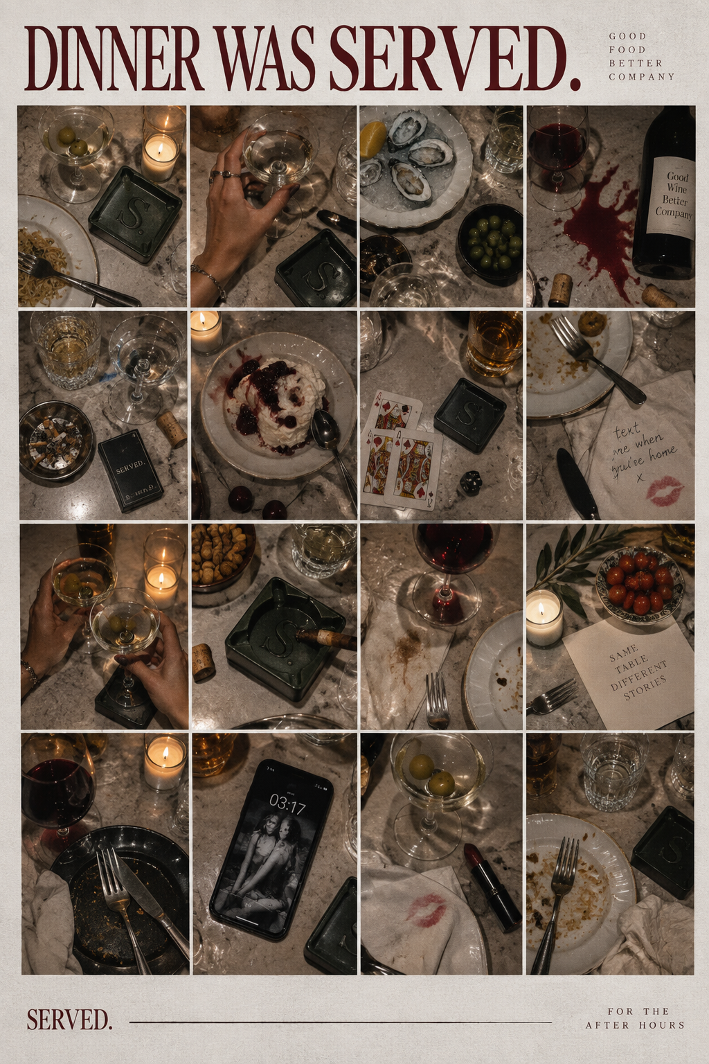 Retro SERVED. poster ‘Het Diner is Geserveerd’ in Burgundy en crème
