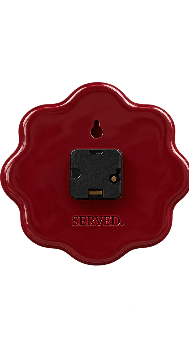 SERVED. design wandklok Burgundy – achterkant transparant