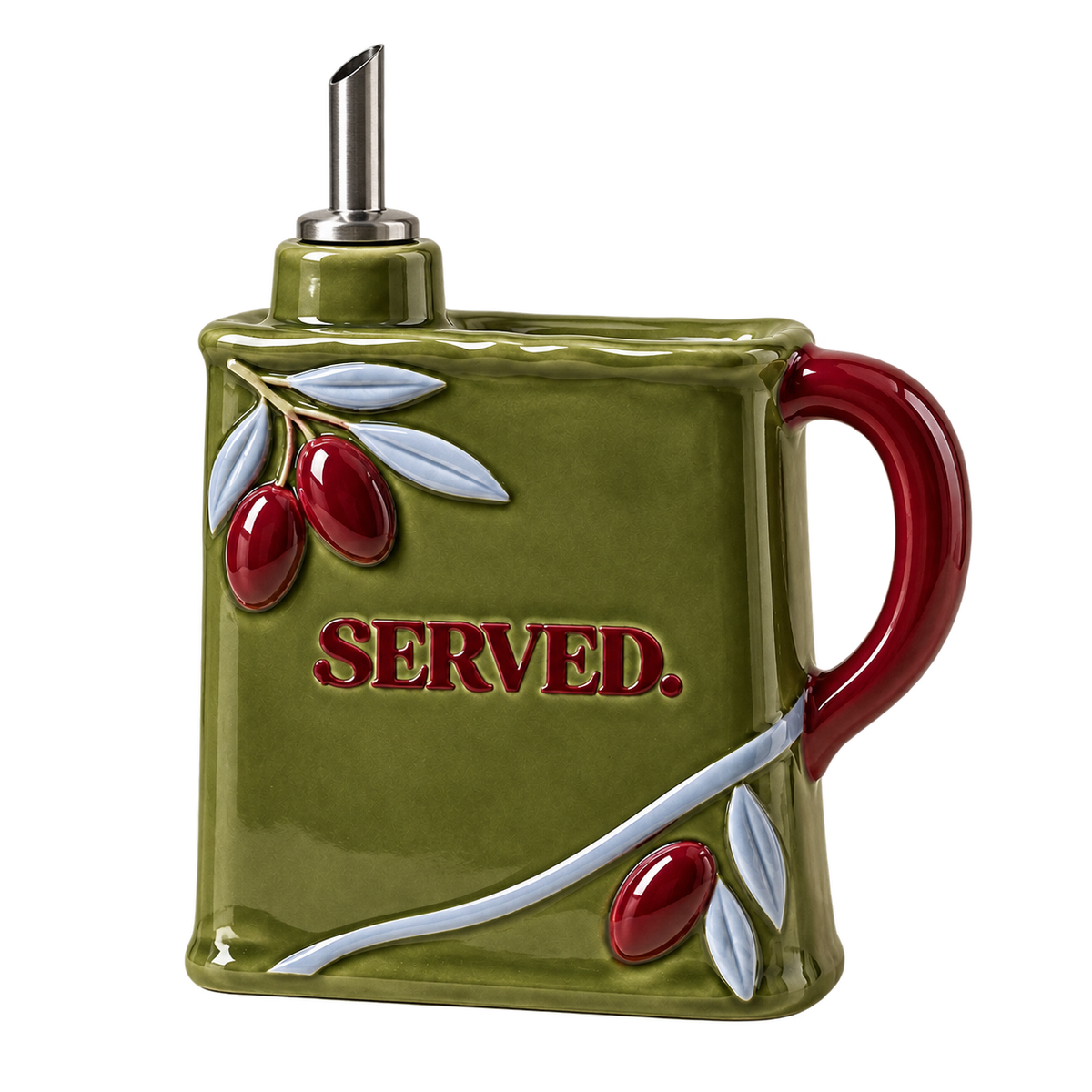 SERVED. olijfoliehouder in olijfgroen met burgundy handvat, lichtblauwe details en metalen schenktuit