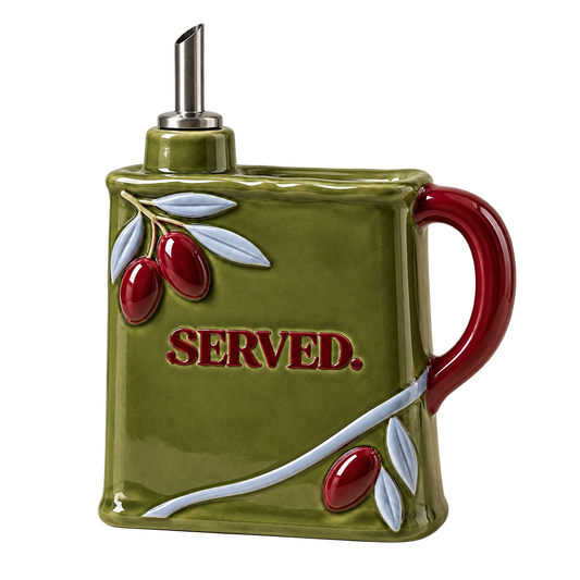 SERVED. olijfoliehouder in olijfgroen met burgundy handvat, lichtblauwe details en metalen schenktuit