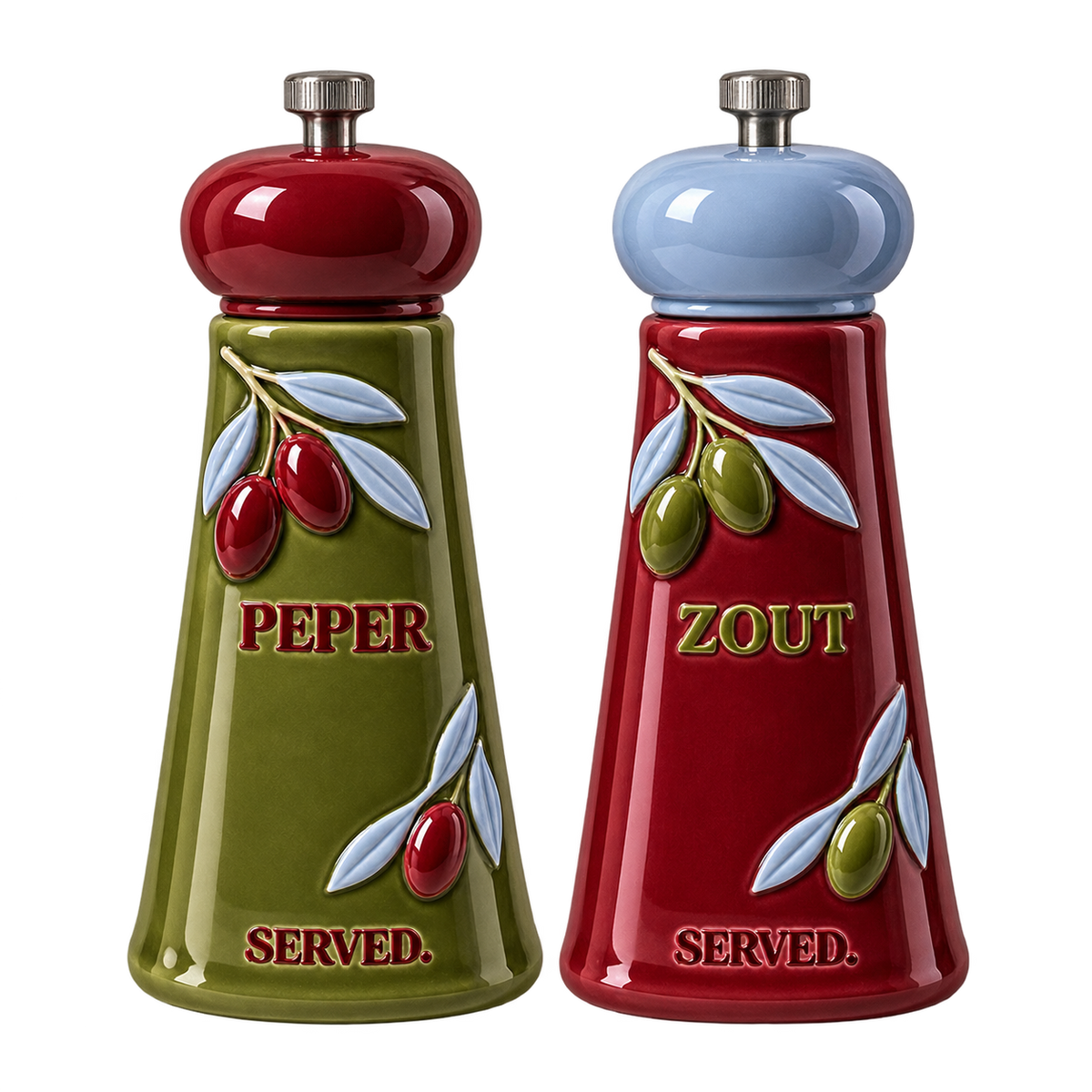 SERVED. peper- en zoutmolens als set, groen en burgundy, vrijstaand op transparante achtergrond