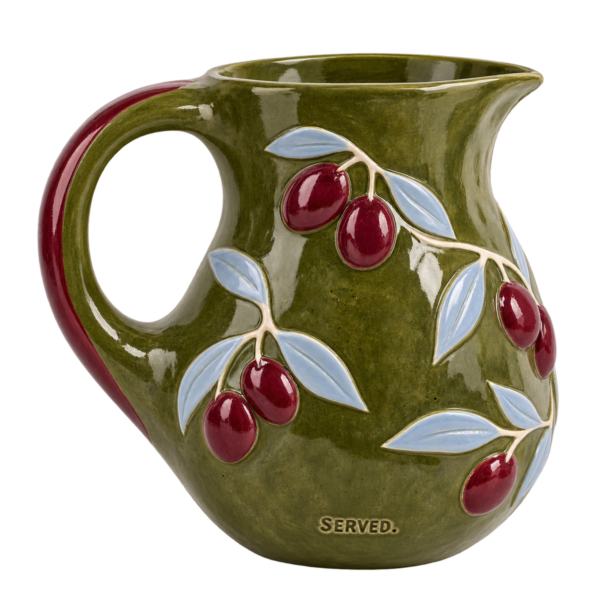SERVED. Olive Pour keramische waterkaraf in olijfgroen met burgundy en lichtblauwe details